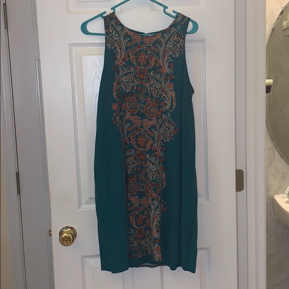 Teal dress with burnt orange design